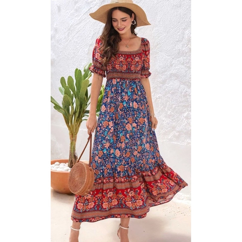 Boho Milkmaid Cottagecore Floral Tier Maxi Dress XL Puff Sleeve Tiered